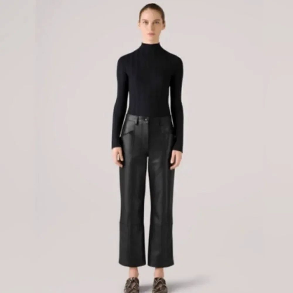 St. John Sport Black 100% Leather Straight Leg Zip Pocket Ankle Pants